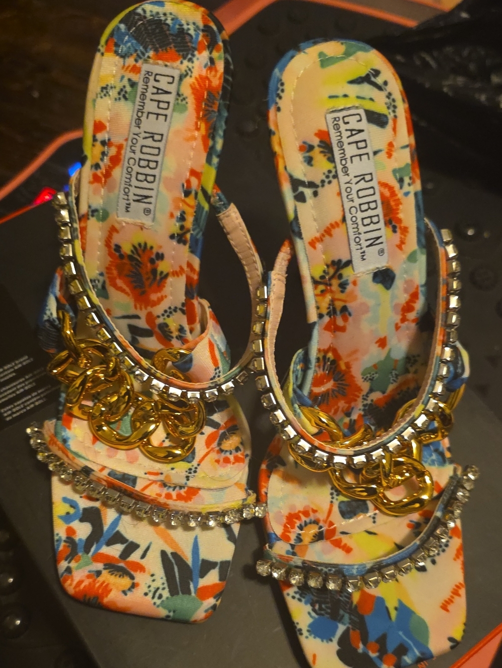 Cape Robbin Multicolor Floral Gold-Chain Slide Heels